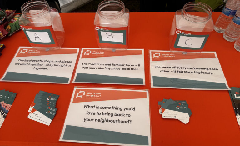 photo of laminated cards asking questions about community life, displayed on a stall. Front and centre is the question what is something you'd like to bring back to your neighbourhood?